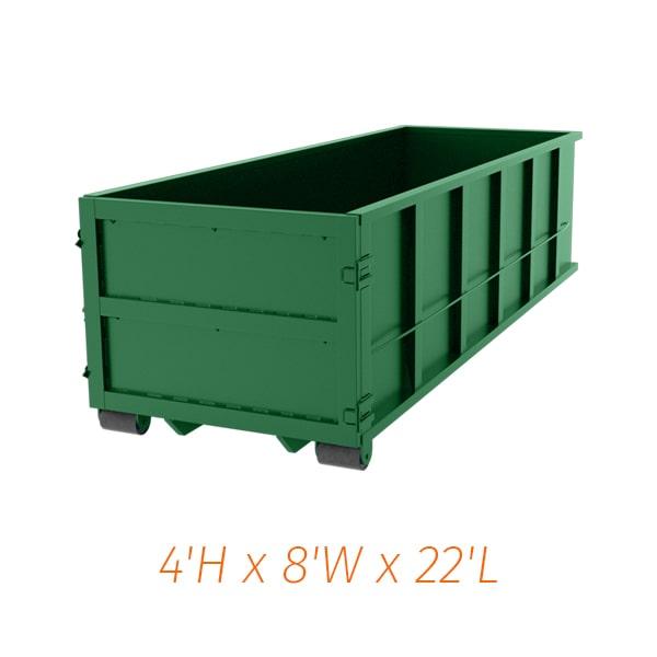 the 20-yard dumpsters cannot be placed on public property and may require a permit for placement on private property